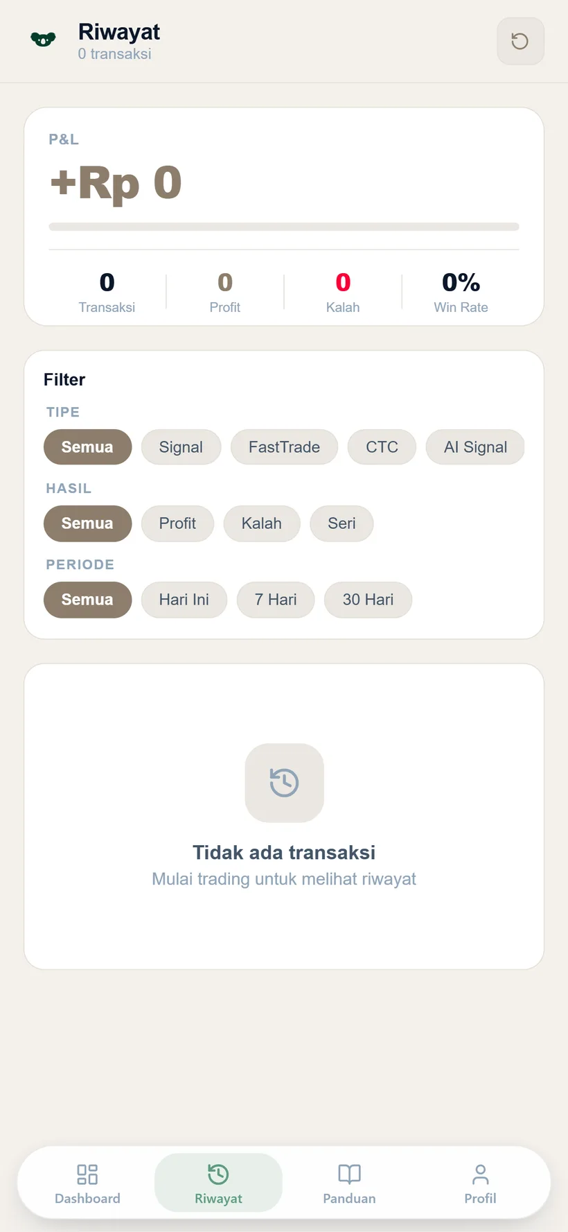 Riwayat order trading Koala S Pro